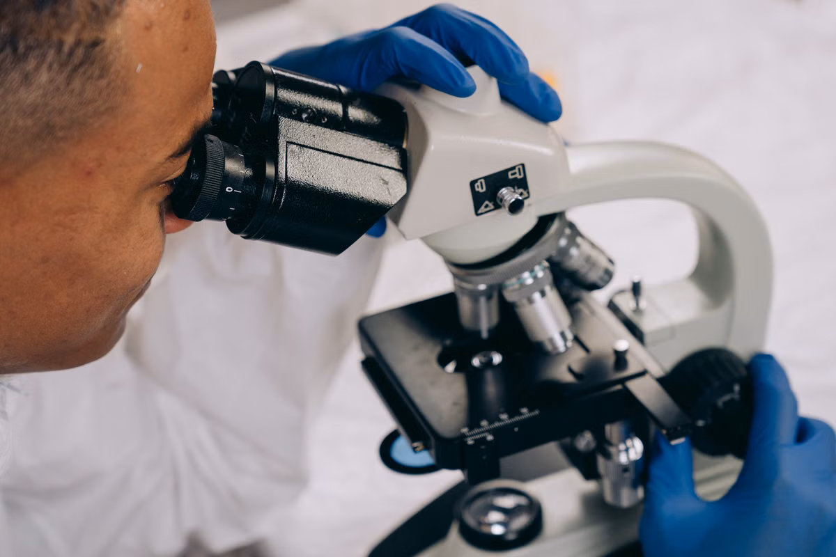 Researcher observing through a microscope