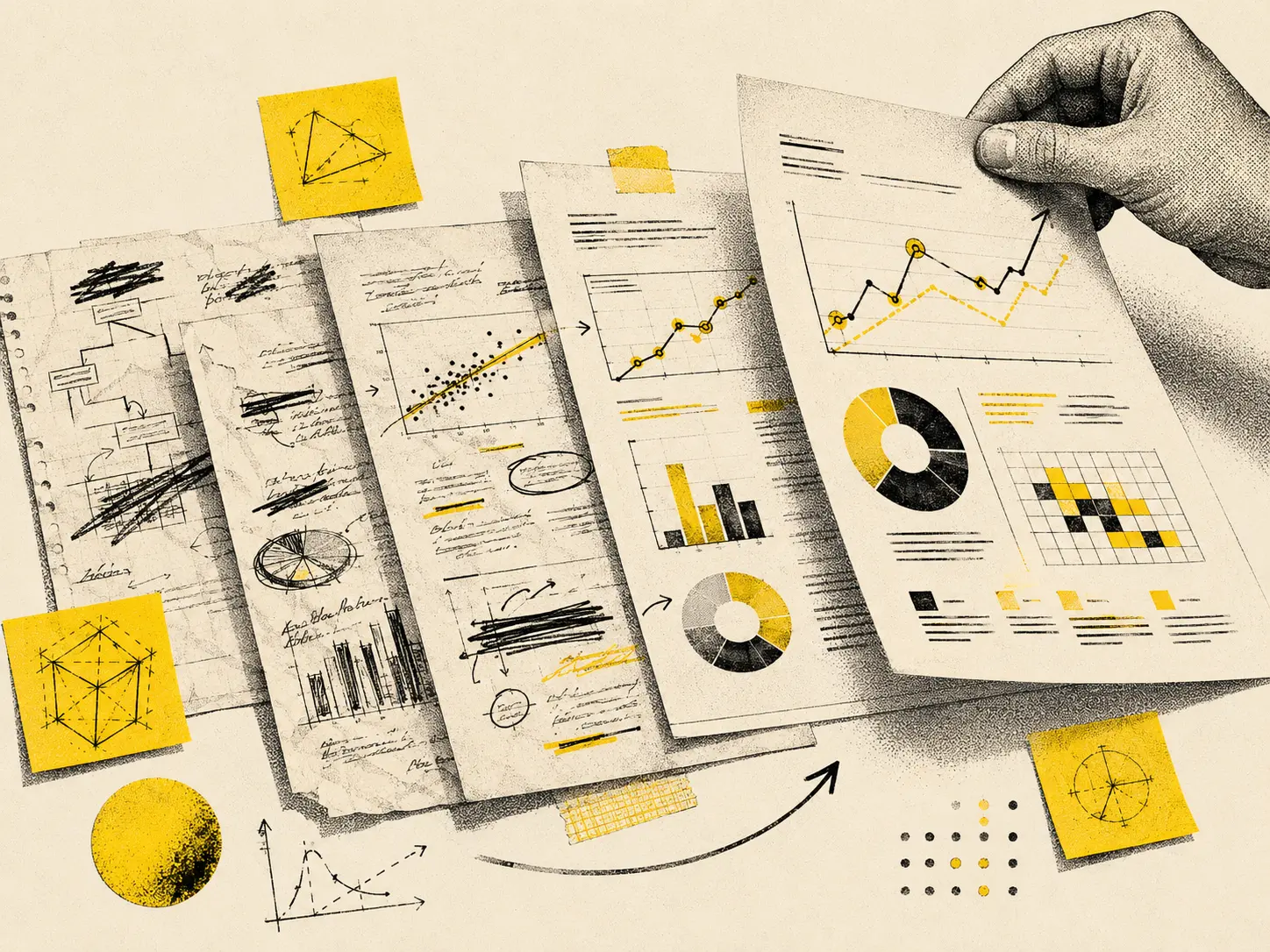 Editorial illustration showing drafts changing through revision