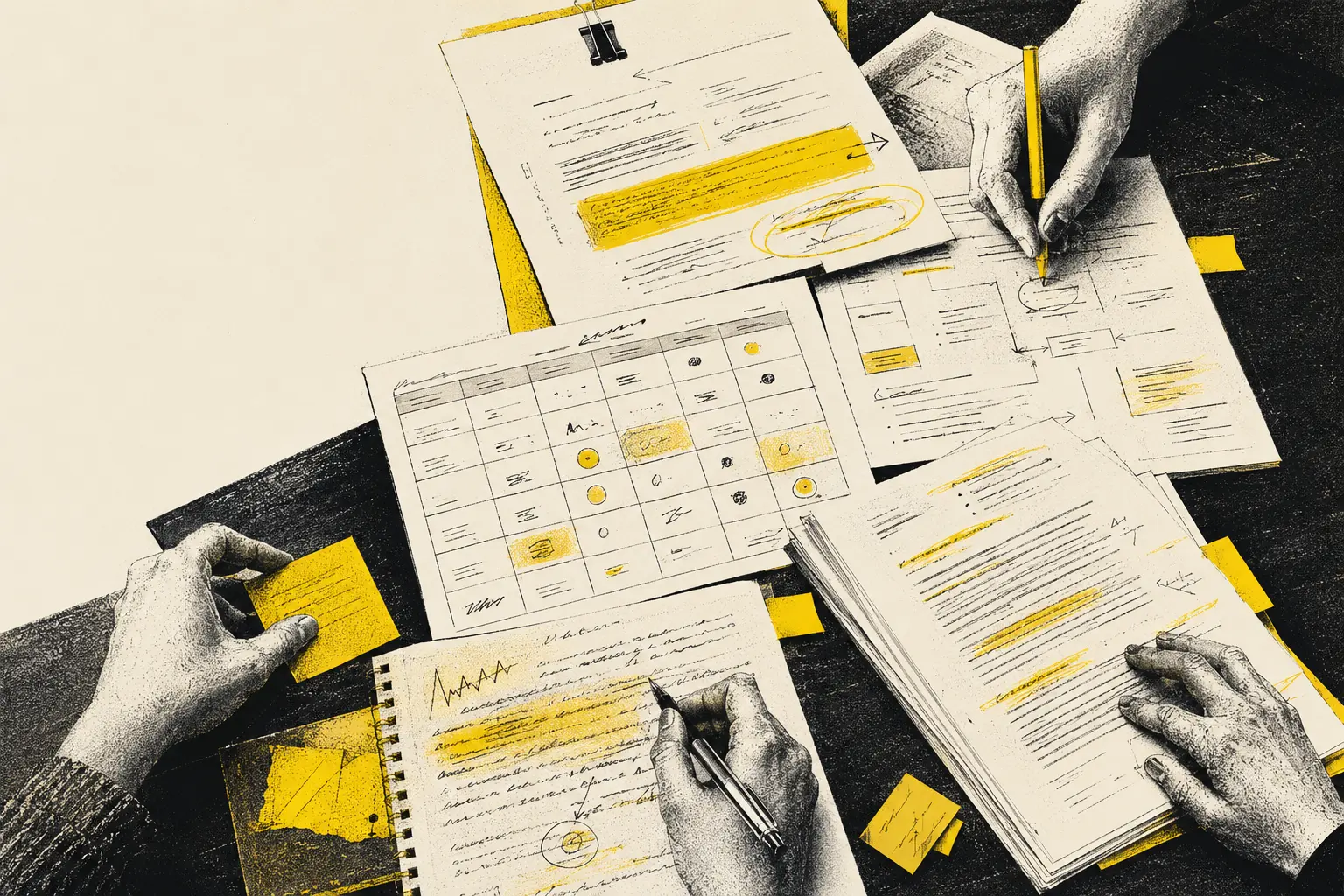 Editorial illustration of hands working across layered research documents