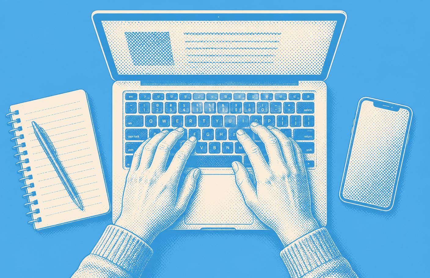 Two hands typing on a laptop, illustrated in halftone duotone.