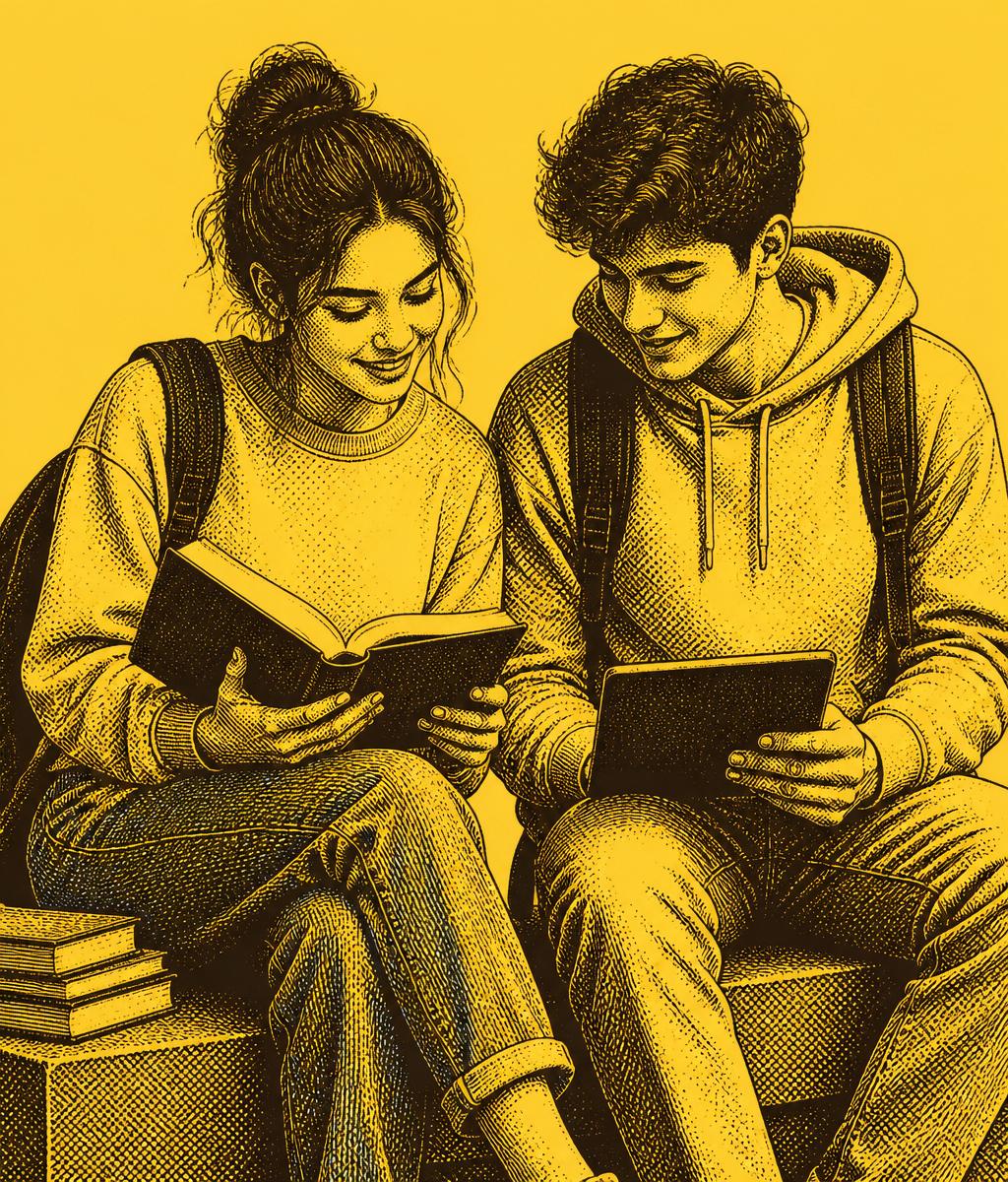 Two students studying together, illustrated in halftone duotone.
